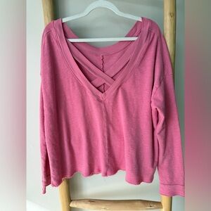 Daily Practice Anthropologie Boxy Fit LS T-shirt Pink Raw Hem Open Back Top S